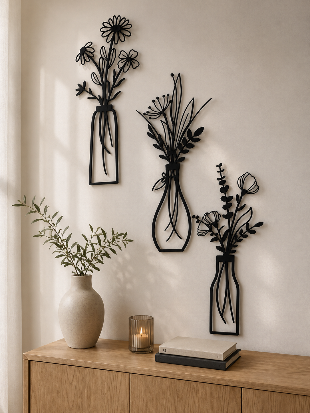 Triptyque Mural Floral en MDF Noir🖤