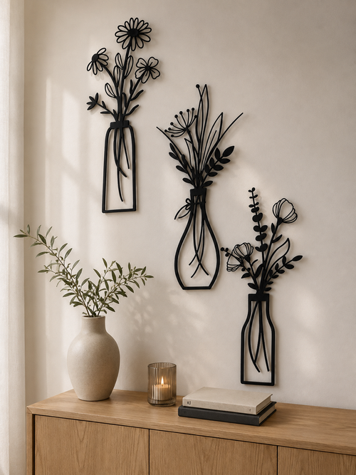 Triptyque Mural Floral en MDF Noir🖤