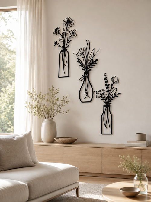 Triptyque Mural Floral en MDF Noir🖤