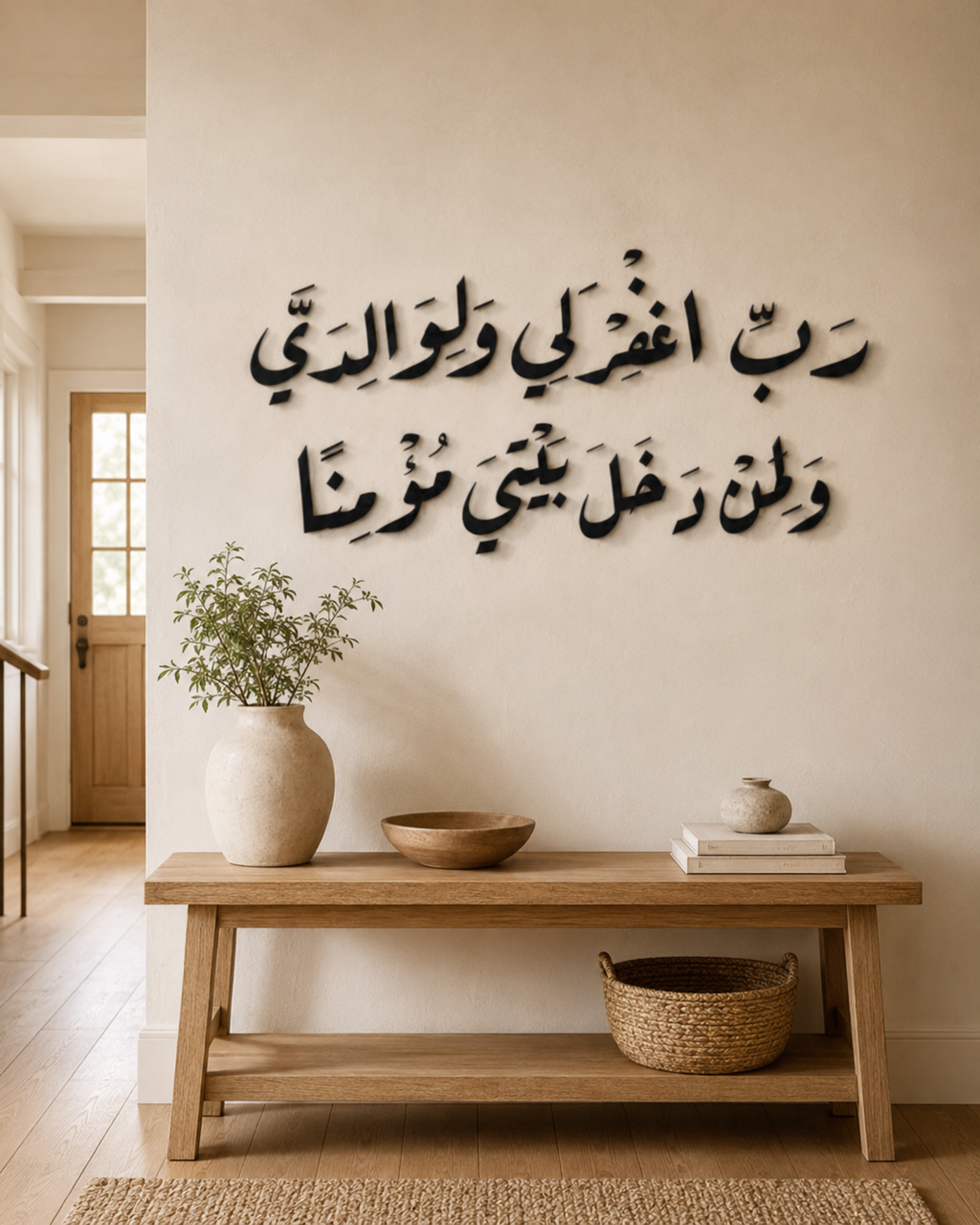 آية قرآنية بالخط العربي بتصميم ثلاثي الأبعاد "رَبِّ اغْفِرْ لِي وَلِوَالِدَيَّ وَلِمَنْ دَخَلَ بَيْتِيَ مُؤْمِنًا"