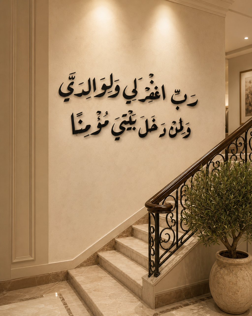 آية قرآنية بالخط العربي بتصميم ثلاثي الأبعاد "رَبِّ اغْفِرْ لِي وَلِوَالِدَيَّ وَلِمَنْ دَخَلَ بَيْتِيَ مُؤْمِنًا"